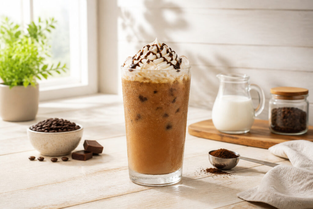 Cafe glace gourmand avec creme fouettee