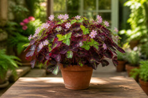 Oxalis pourpre et rose en pot de terre cuite