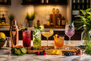 Cocktails colores sur un bar de cuisine moderne