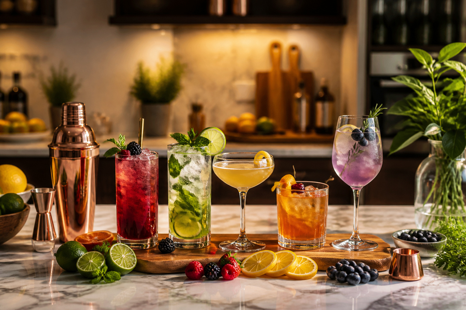Cocktails colores sur un bar de cuisine moderne