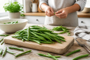 Haricots verts frais sur planche a decouper