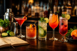 Cocktails et mocktails colores sur un bar