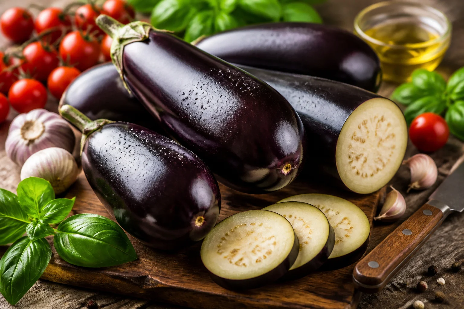 Aubergines fraiches et ingredients pour cuisiner