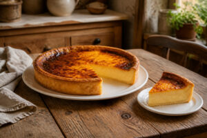 Flan patissier dore sur table rustique